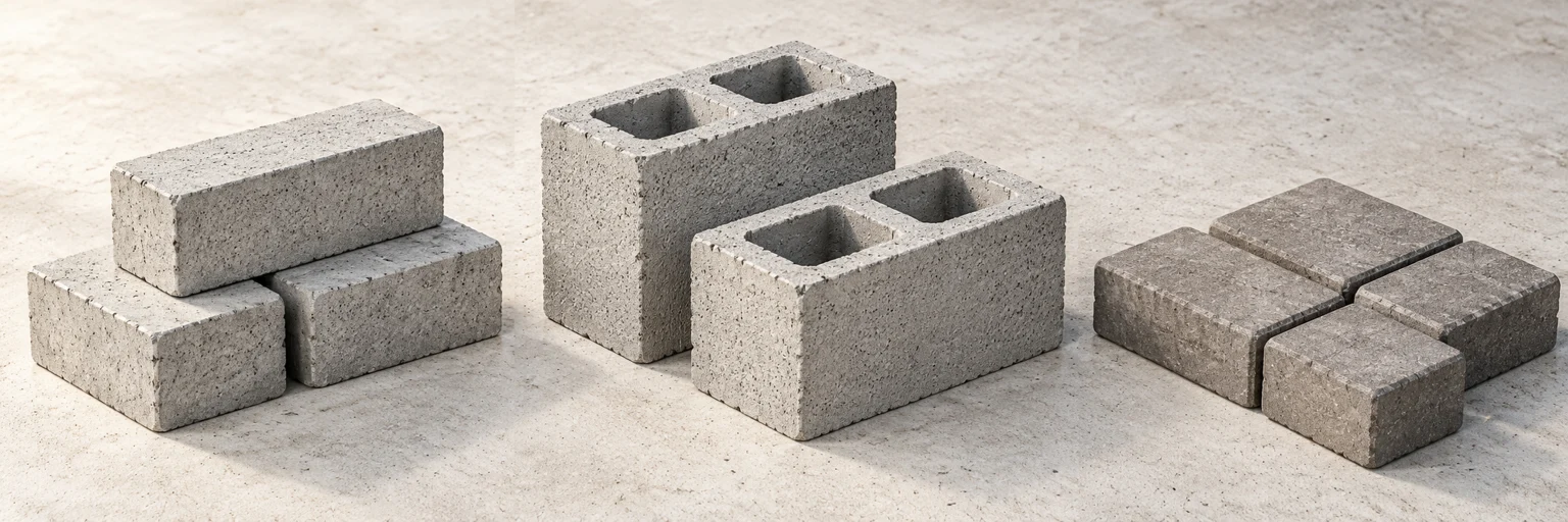 Illustrative concrete bricks, hollow blocks and paving blocks on a neutral surface